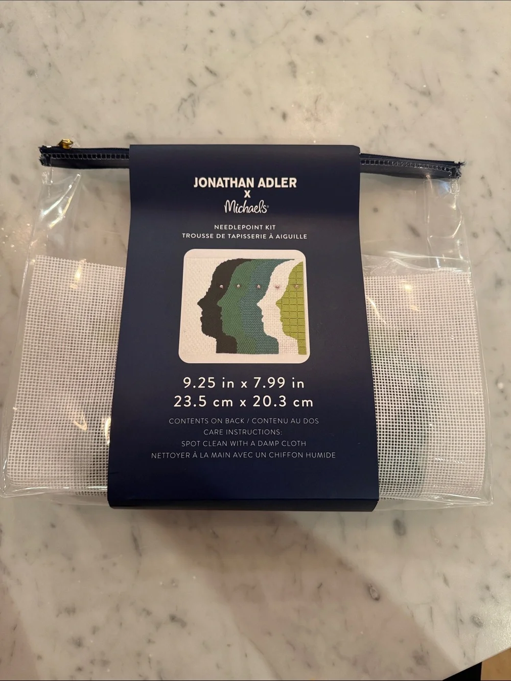 Jonathan Adler Clear Zipper Pouch with Navy Backing and White Canvas